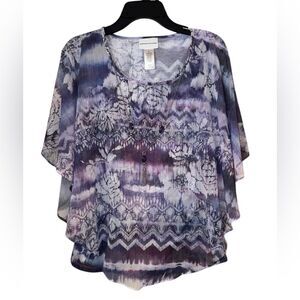 Alfred Dunner S Butterfly Sleeve Top Attached Necklace Sheer Print flowy wear